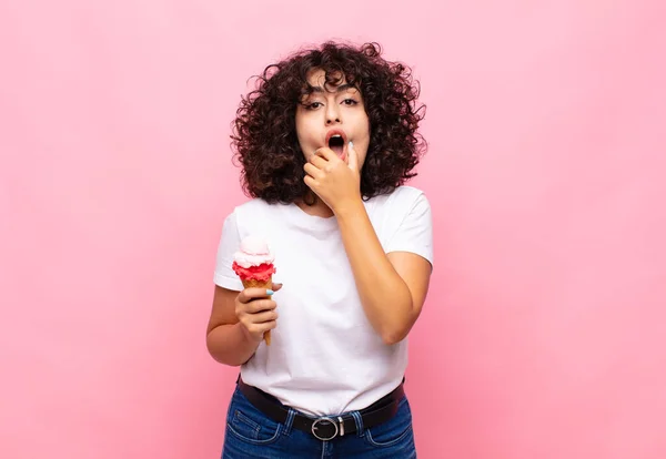 Young Woman Ice Cream Mouth Eyes Wide Open Hand Chin — Stock Photo, Image