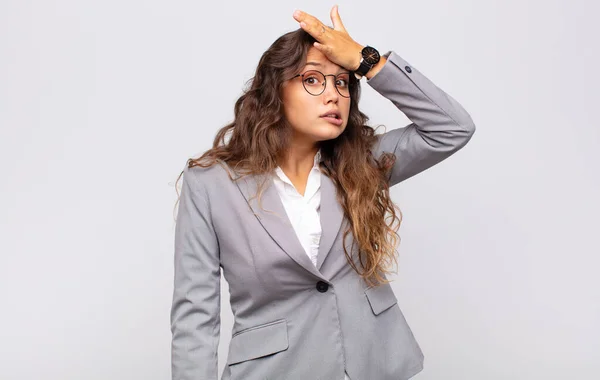 Girl Panicking Forgotten Deadline Feeling Stressed Having Cover Mess Mistake — Stock Photo, Image