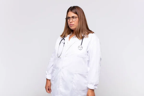 Young Woman Physician Feeling Sad Upset Angry Looking Side Negative — Stock Photo, Image