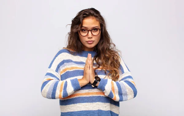 Girl Feeling Worried Hopeful Religious Praying Faithfully Palms Pressed Begging — Stock Photo, Image