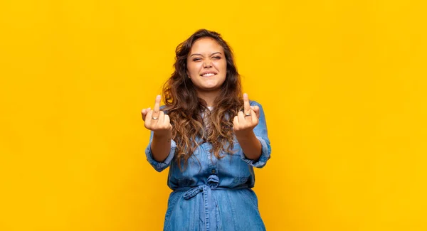 Girl Feeling Provocative Aggressive Obscene Flipping Middle Finger Rebellious Attitude — Stock Photo, Image