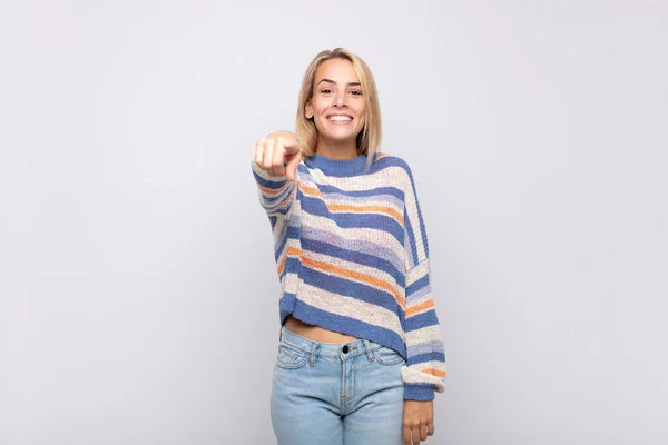 Woman Pointing Camera Satisfied Confident Friendly Smile Choosing You — Stock Photo, Image