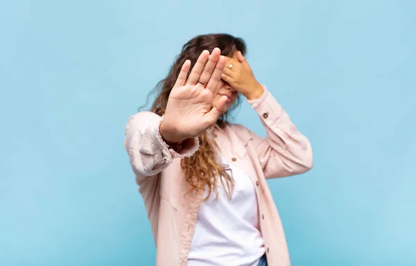 Girl Covering Face Hand Putting Other Hand Front Stop Camera — Stock Photo, Image