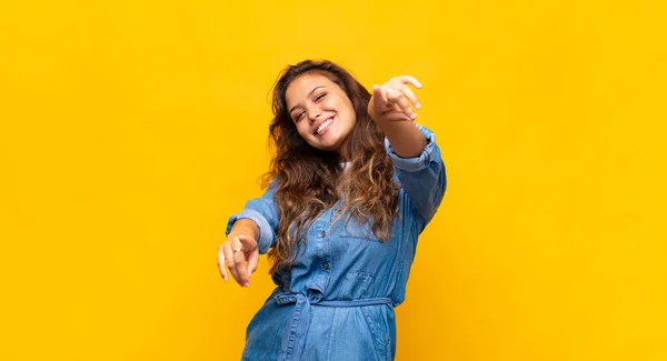 Woman Feeling Happy Confident Pointing Camera Both Hands Laughing Choosing — Stock Photo, Image