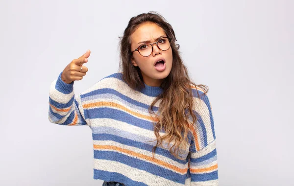 Woman Pointing Camera Angry Aggressive Expression Looking Furious Crazy Boss — Stock Photo, Image