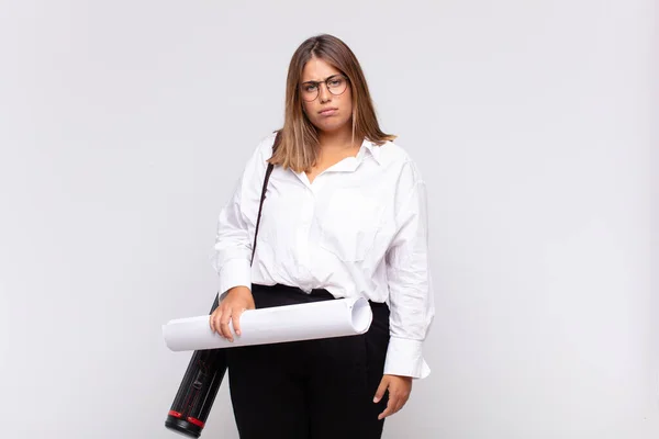 Young Architect Woman Feeling Sad Upset Angry Looking Side Negative — Stock Photo, Image