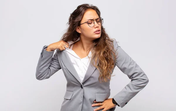 Woman Feeling Stressed Anxious Tired Frustrated Pulling Shirt Neck Looking — Stock Photo, Image