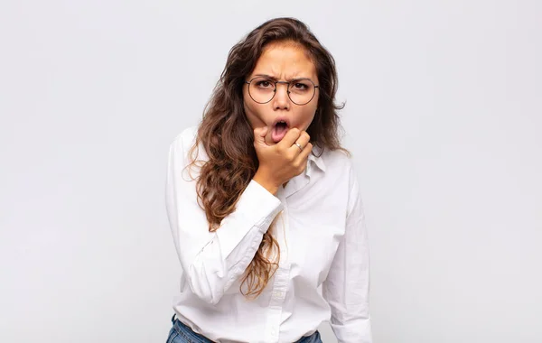 Woman Mouth Eyes Wide Open Hand Chin Feeling Unpleasantly Shocked — Stock Photo, Image