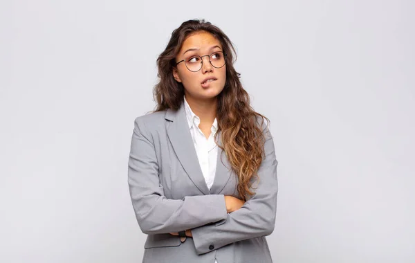 Woman Doubting Thinking Biting Lip Feeling Insecure Nervous Looking Copy — Stock Photo, Image