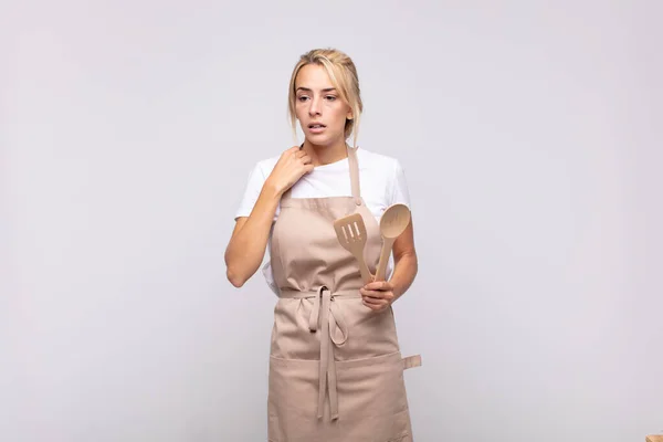 Young Woman Chef Feeling Stressed Anxious Tired Frustrated Pulling Shirt — Stock Photo, Image