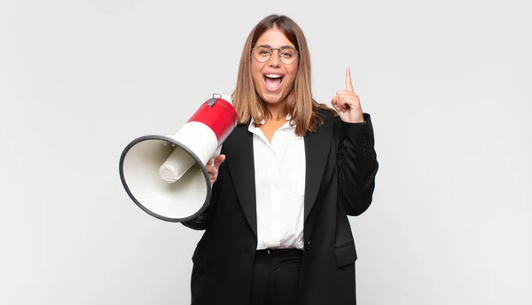 Young Woman Megaphone Feeling Happy Excited Genius Realizing Idea Cheerfully — Stock fotografie