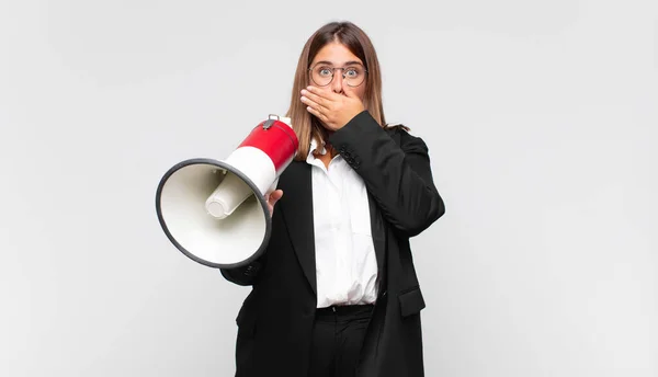 Young Woman Megaphone Covering Mouth Hands Shocked Surprised Expression Keeping — Stok fotoğraf