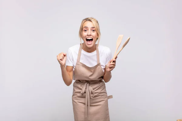 Young Woman Chef Feeling Shocked Excited Happy Laughing Celebrating Success — 图库照片