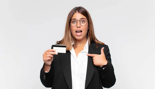 Young Woman Credit Card Feeling Happy Surprised Proud Pointing Self — Stock Fotó