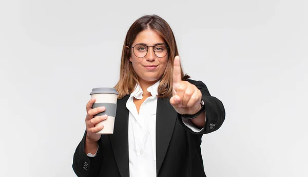 Young Businesswoman Coffee Smiling Proudly Confidently Making Number One Pose — 图库照片