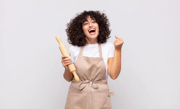 Young Pretty Woman Chef Feeling Shocked Excited Happy Laughing Celebrating — 图库照片