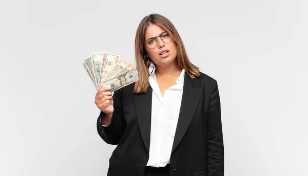 Young Woman Banknotes Feeling Puzzled Confused Dumb Stunned Expression Looking — Stockfoto
