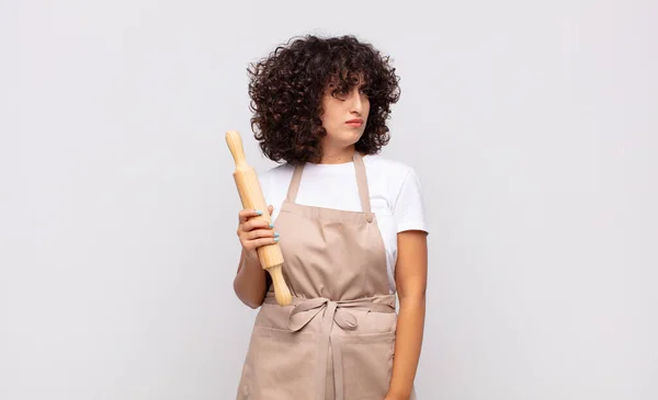 Young Pretty Woman Chef Feeling Sad Upset Angry Looking Side — Stock Photo, Image