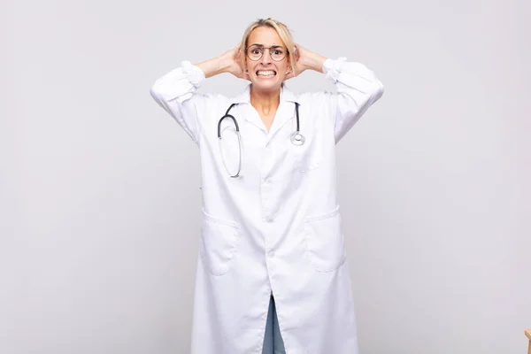 Young Woman Physician Feeling Stressed Worried Anxious Scared Hands Head — Stock Photo, Image