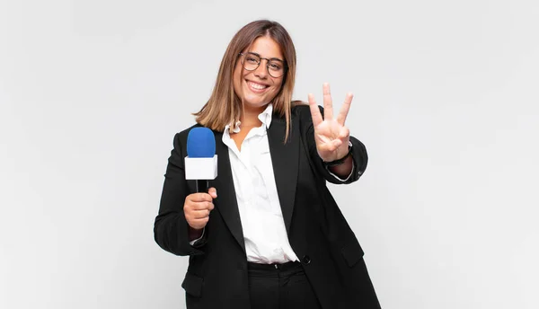 Young Woman Reporter Smiling Looking Friendly Showing Number Three Third — 图库照片