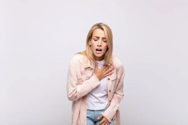 Woman Looking Sad Hurt Heartbroken Holding Both Hands Close Heart — Stock Photo, Image