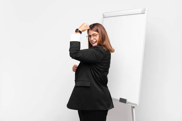 Woman Feeling Happy Satisfied Powerful Flexing Fit Muscular Biceps Looking — Stock Photo, Image