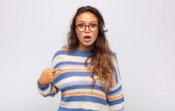 Woman Looking Shocked Surprised Mouth Wide Open Pointing Self — Stock Photo, Image