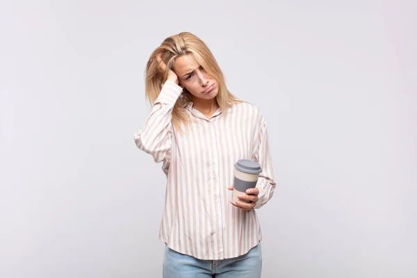 Young Woman Coffee Feeling Sad Whiney Unhappy Look Crying Negative — Stock fotografie
