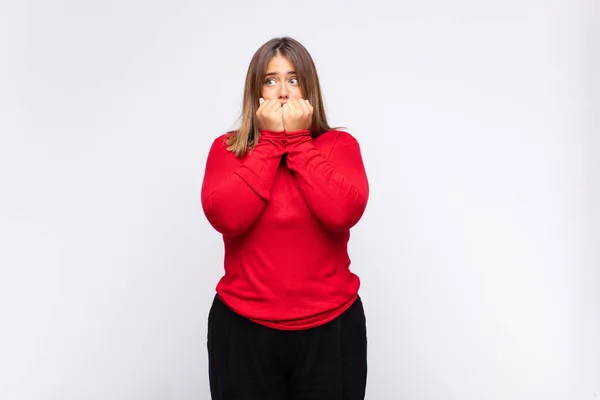 Young Blonde Woman Looking Worried Anxious Stressed Afraid Biting Fingernails — Stock Photo, Image