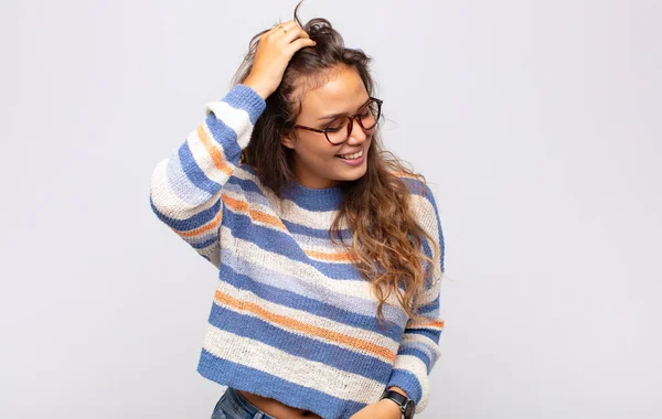 Woman Smiling Cheerfully Casually Taking Hand Head Positive Happy Confident — Stock Photo, Image