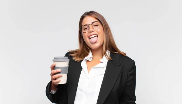 Young Businesswoman Coffee Cheerful Carefree Rebellious Attitude Joking Sticking Tongue — Stock fotografie