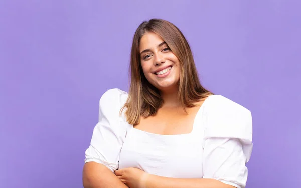 Young Blonde Woman Looking Happy Proud Satisfied Achiever Smiling Arms — Stock Photo, Image