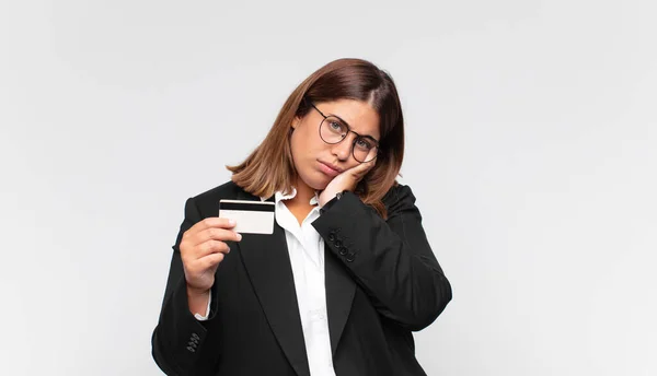 Young Woman Credit Card Feeling Bored Frustrated Sleepy Tiresome Dull — Stock Photo, Image