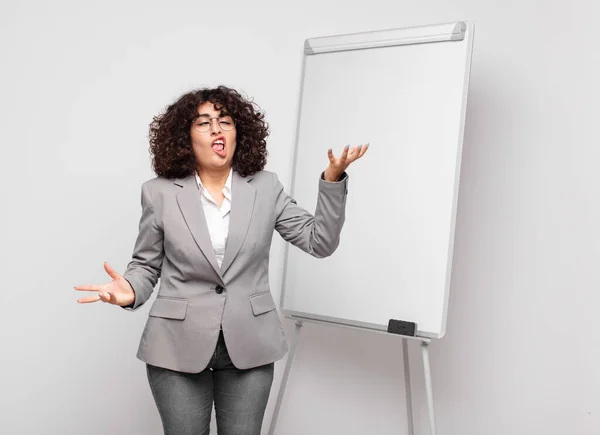 Woman Shrugging Dumb Crazy Confused Puzzled Expression Feeling Annoyed Clueless — Stockfoto