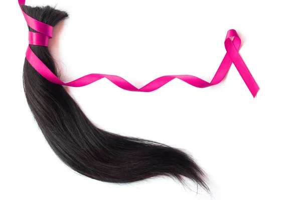 Vlasy Růžovou Saténovou Stuhou Izolované Bílém Pozadí — Stock fotografie