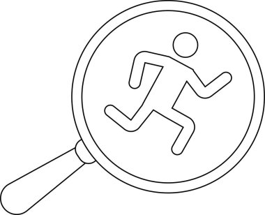 Büyüteç simgesi ve çalışan kişi simgesi. Beyaz arkaplan. Siyah çizgiler.