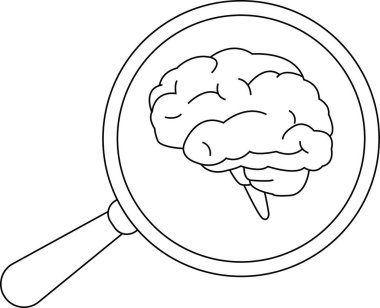 Büyüteç simgesi ve beyaz arkaplanı olan beyin simgesi. Siyah çizgileri olan.