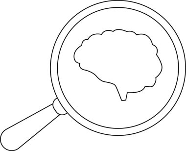 Büyüteç simgesi ve beyaz arkaplanı olan beyin simgesi. Siyah çizgileri olan.