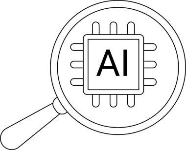 Büyüteç simgesi ve beyaz arkaplanı olan yapay zeka işlemcisi simgesi. Siyah çizgileri olan.