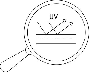 Büyütme cam simgesi ve beyaz arkaplan ile ultraviyole koruma simgesi. Siyah çizgiler.