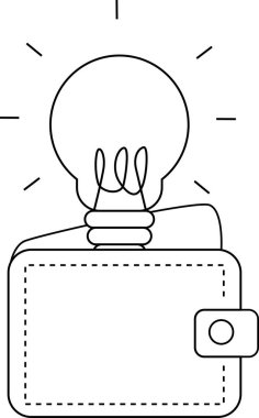 Cüzdan simgesi ve ampul simgesi. Beyaz arkaplan. Siyah çizgileri var.
