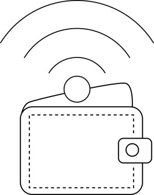 Cüzdan simgesi ve beyaz arkaplanı olan kablosuz ağ simgesi. Siyah çizgileri var.