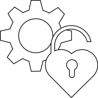 dişli simgesi ve siyah çizgileri olan beyaz arka planlı asma kilit simgesi.