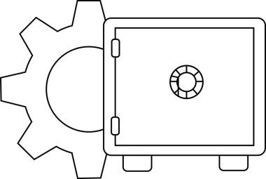 dişli simgesi ve beyaz arkaplanı olan güvenli kutu simgesi. Siyah çizgili.