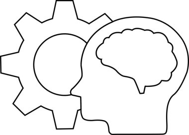 dişli simgesi ve insan kafası ve beyin simgesi beyaz arkaplan ve siyah çizgilerle.