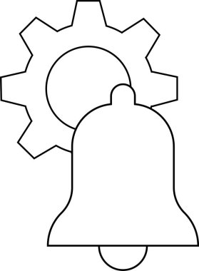 dişli simgesi ve beyaz arkaplanı olan çan simgesi. Siyah çizgileri var.