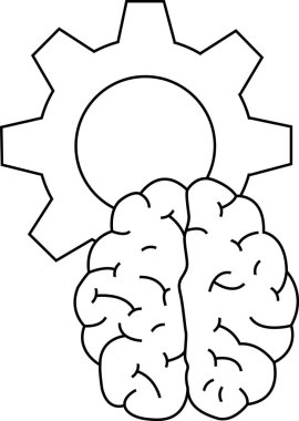 dişli simgesi ve beyaz arkaplanı olan beyin simgesi. Siyah çizgileri var.