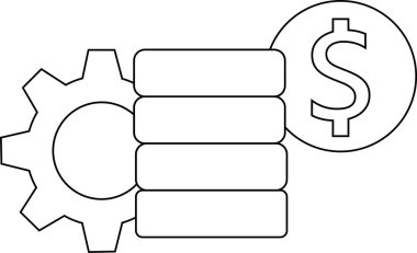 dişli simgesi ve dolar para yığını simgesi beyaz arkaplan. Siyah çizgileri var.