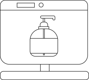 Dizüstü bilgisayar monitörü simgesi ve sabun şişesi simgesi beyaz arkaplanda. Siyah çizgileri var.