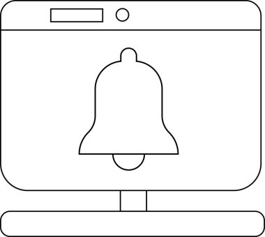 Dizüstü bilgisayar izleme simgesi ve beyaz arkaplanı olan çan simgesi. Siyah çizgileri olan